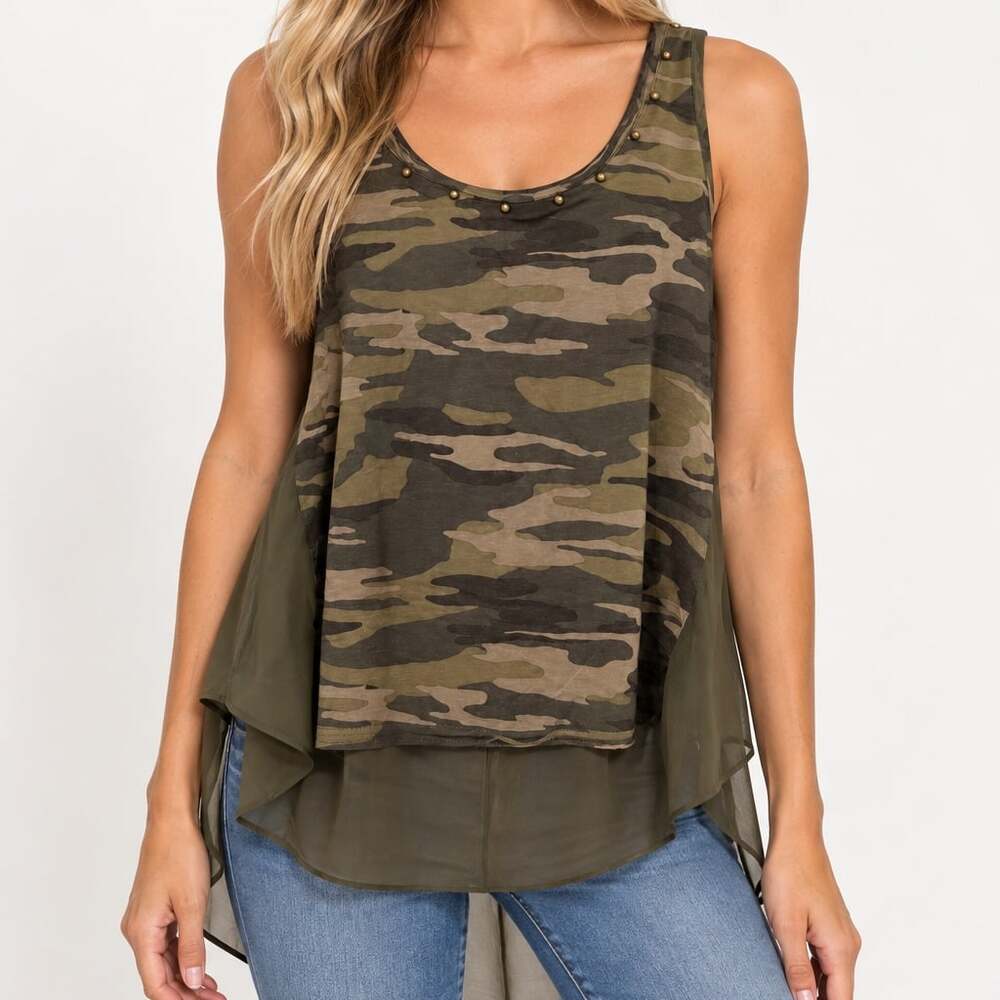 Camo High-Low Layered Chiffon Tank Top Studded Scoop Neck Olive